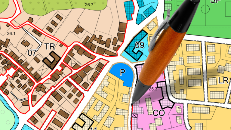 Illustration of Bali land zoning map highlighting different zones including residential, commercial, and tourism areas with a pen pointing at a commercial zone.