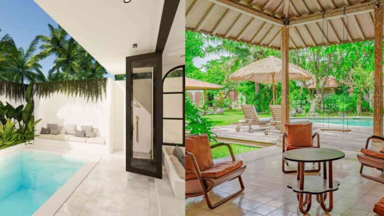 Side-by-side view of luxury villas in Ubud and Seminyak, showcasing the contrast between serene jungle living and vibrant tropical design, highlighting accommodation options in the Ubud vs Seminyak comparison.