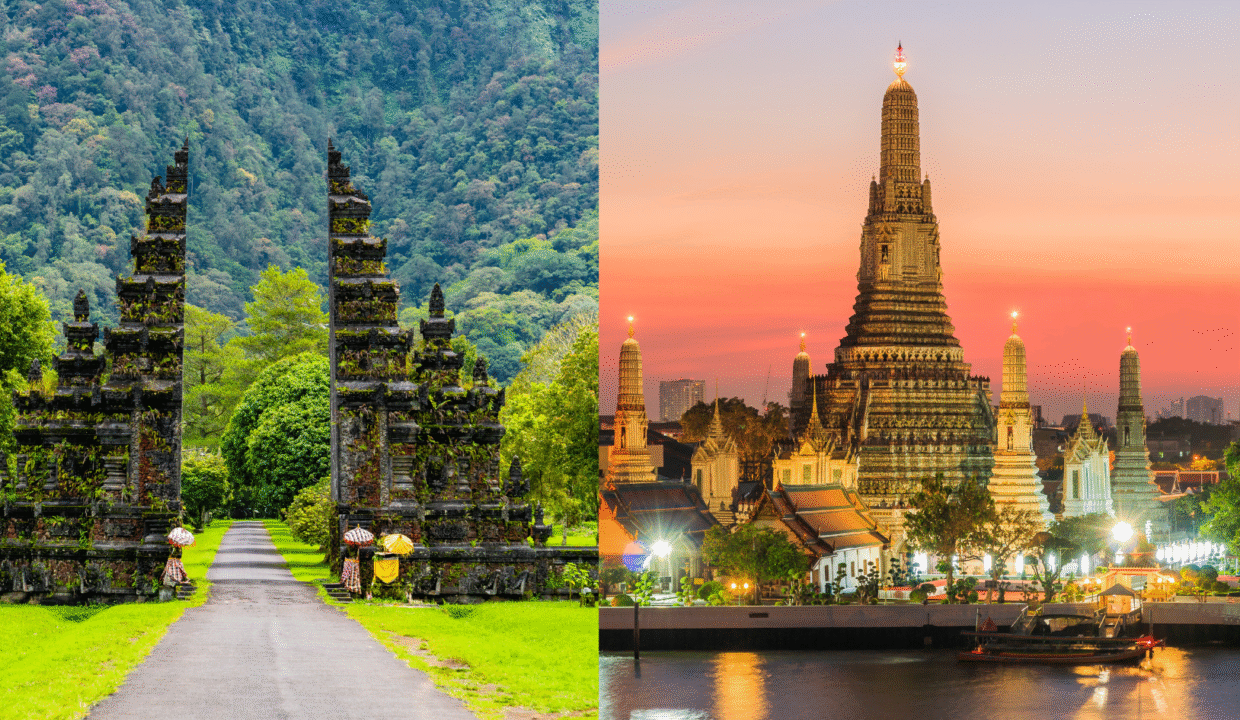 Split-image of iconic landmarks representing Bali vs Thailand: Bali’s traditional temple gate surrounded by lush greenery on the left, and Thailand’s Wat Arun temple illuminated at sunset on the right.