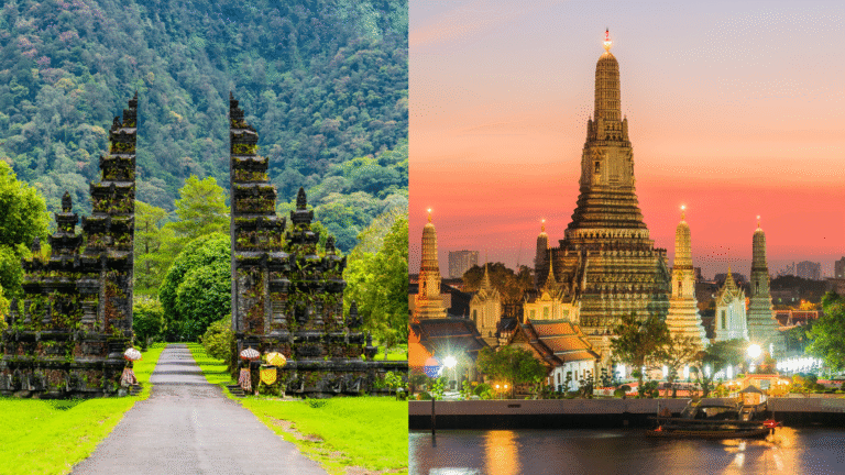 Split-image of iconic landmarks representing Bali vs Thailand: Bali’s traditional temple gate surrounded by lush greenery on the left, and Thailand’s Wat Arun temple illuminated at sunset on the right.