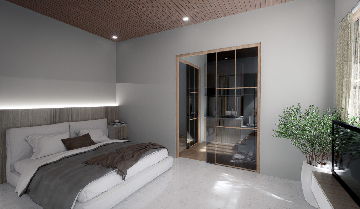 Modern Bali studio apartment with minimalist interior, wooden ceiling, large bed, built-in wardrobe, and natural lighting.