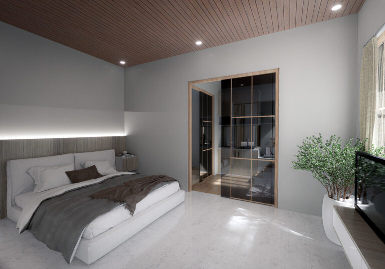 Modern Bali studio apartment with minimalist interior, wooden ceiling, large bed, built-in wardrobe, and natural lighting.