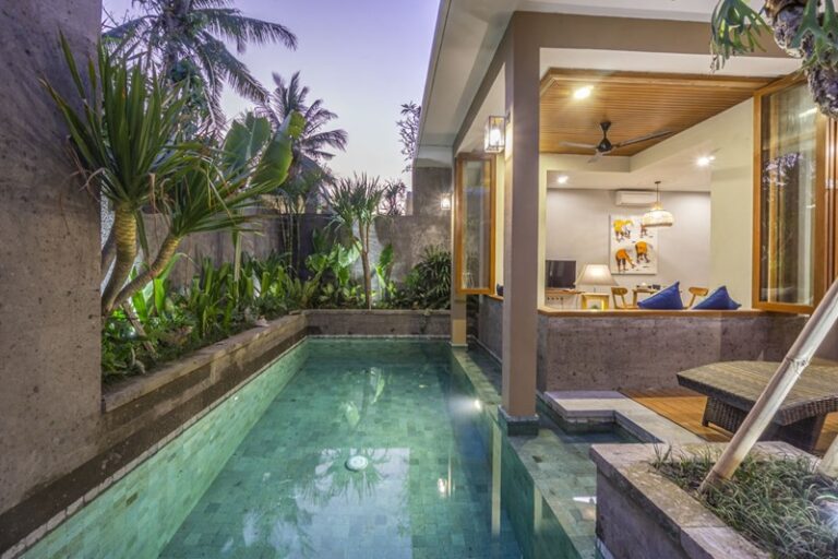 Private pool and open living area at a stylish one-bedroom villa in Ubud, perfect for couples seeking the serene villas Ubud offers in 2025.