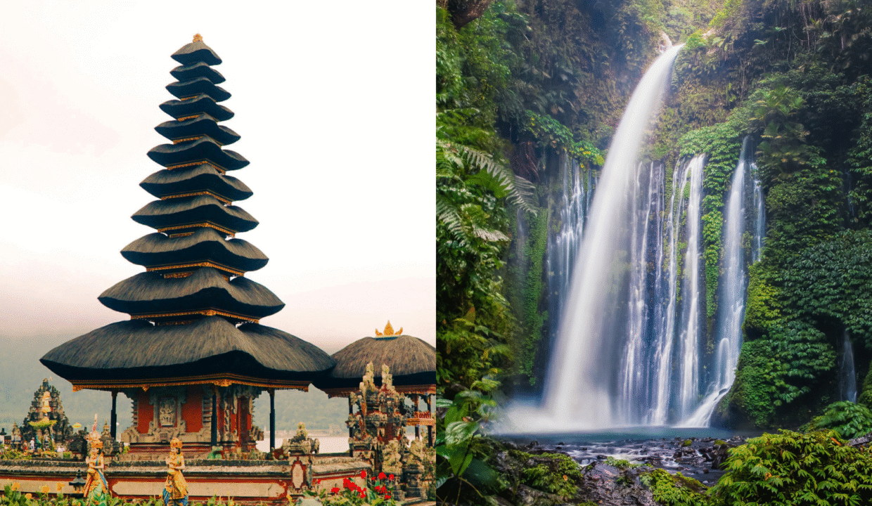 Bali vs Lombok property investment illustrated by a split image showing Ulun Danu Beratan Temple in Bali on the left and Tiu Kelep Waterfall in Lombok on the right, representing the beauty of both islands.