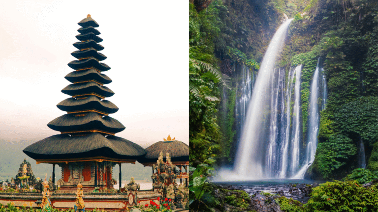 Bali vs Lombok property investment illustrated by a split image showing Ulun Danu Beratan Temple in Bali on the left and Tiu Kelep Waterfall in Lombok on the right, representing the beauty of both islands.