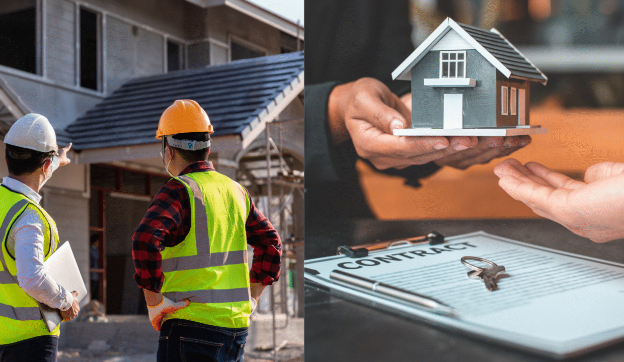 Two images presenting two paths to owning a villa in Bali: construction workers at a building site, and a model house being exchanged over a contract, representing the decision to build or buy a villa in Bali.