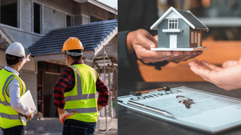 Two images presenting two paths to owning a villa in Bali: construction workers at a building site, and a model house being exchanged over a contract, representing the decision to build or buy a villa in Bali.