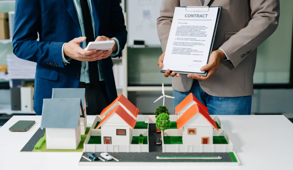 Two real estate professionals reviewing a contract beside house models, illustrating property transactions and SLF Indonesia compliance.