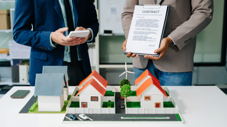 Two real estate professionals reviewing a contract beside house models, illustrating property transactions and SLF Indonesia compliance.