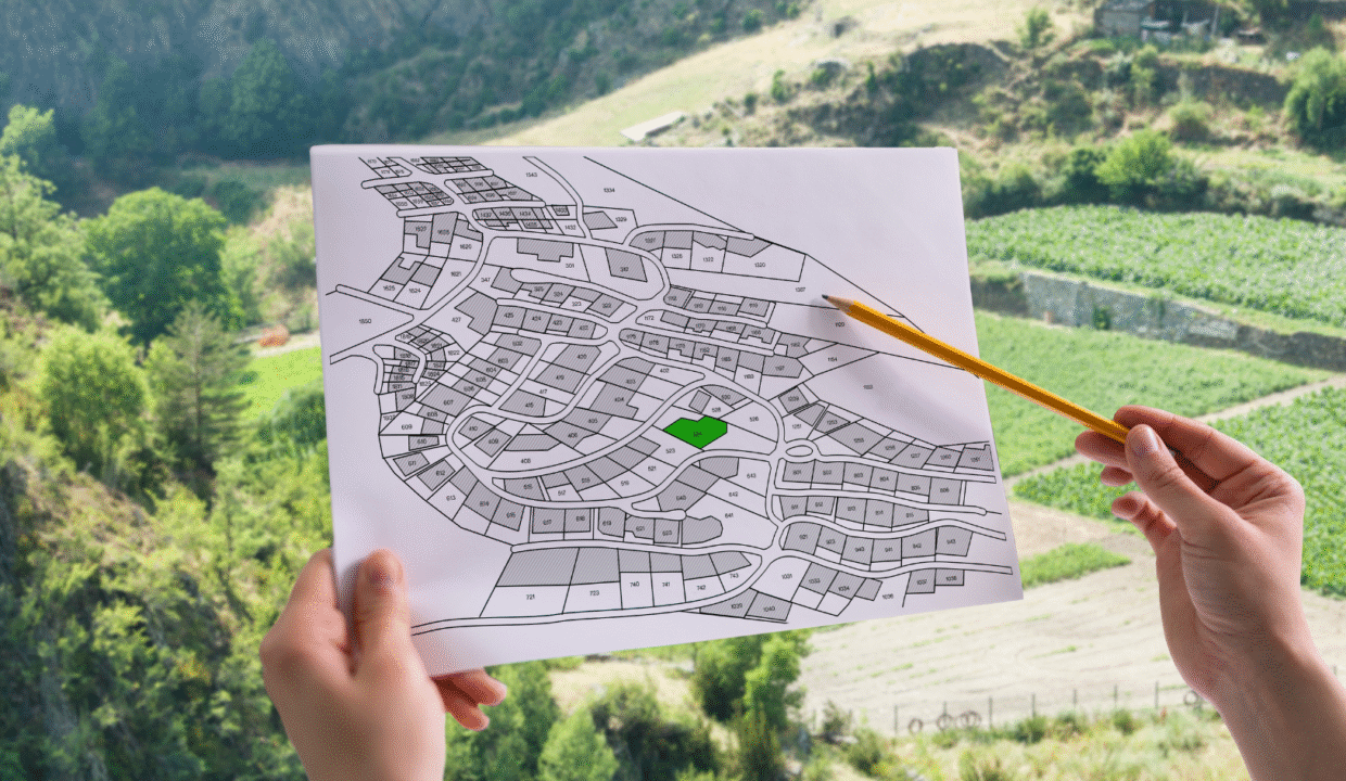 Person holding a land zoning map in front of green farmland, illustrating land zoning in Bali for property development.