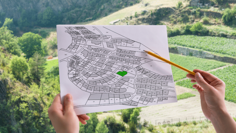 Person holding a land zoning map in front of green farmland, illustrating land zoning in Bali for property development.