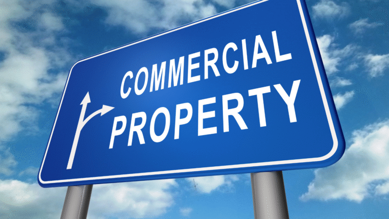 Big road sign that says commercial property with arrows symbolizing investment in Commercial property in Bali