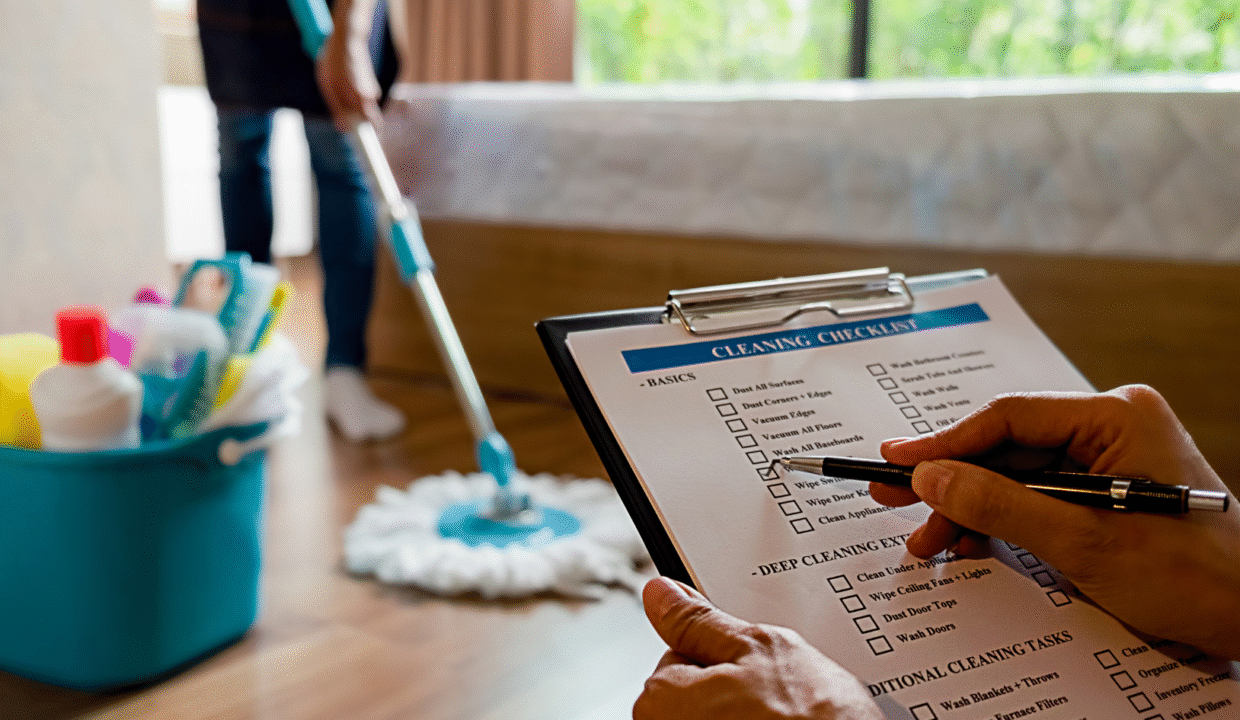 Villa maintenance staff with a “cleaning checklist” inspecting a luxury villa in Bali to prevent costly damage and ensure property longevity.