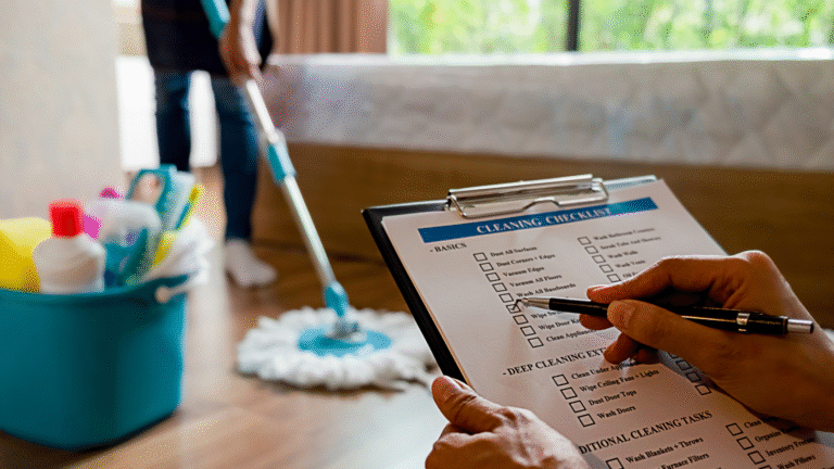 Villa maintenance staff with a “cleaning checklist” inspecting a luxury villa in Bali to prevent costly damage and ensure property longevity.