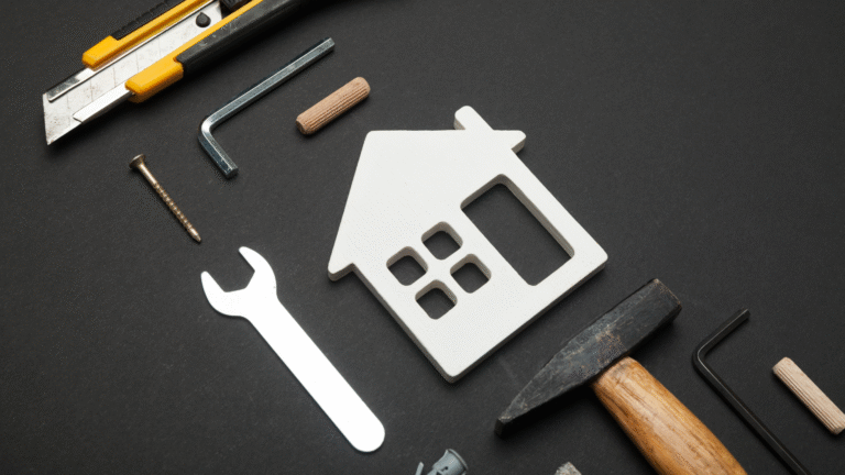 A small house icon surrounded by tools like a hammer, wrench, and cutter, representing essential upkeep tasks and illustrating typical Bali property maintenance cost considerations.