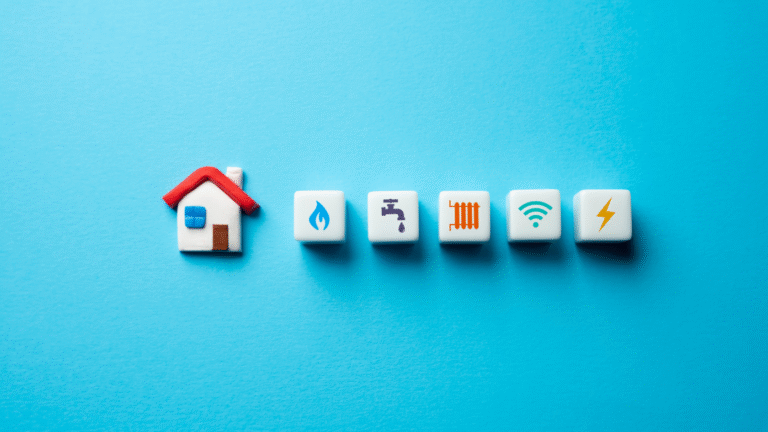A small house icon beside symbols representing gas, water, heating, Wi-Fi, and electricity on a blue background, illustrating property utilities in Bali.