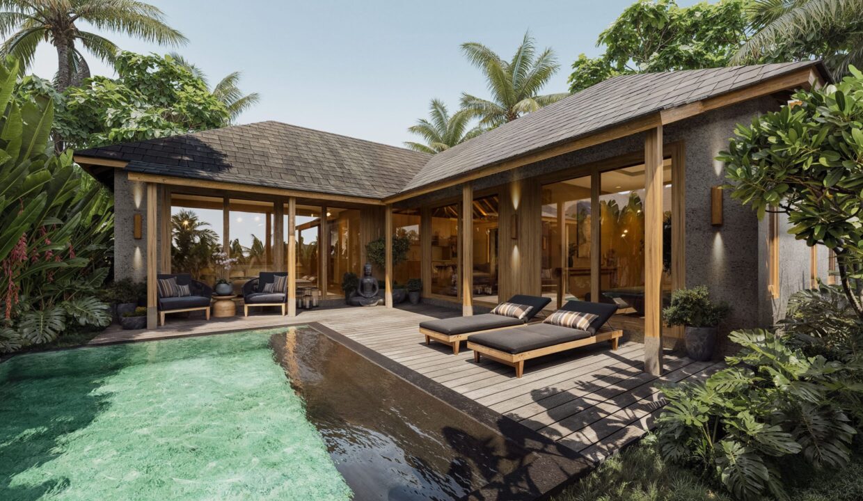 Modern tropical Bali villa with private pool and wooden deck, illustrating lifestyle and investment potential in the canggu vs uluwatu property market.