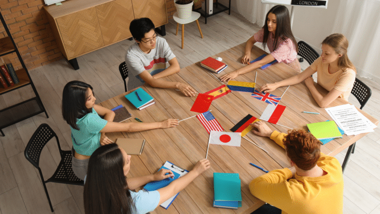 Students from diverse backgrounds sit around a table holding various national flags during a classroom activity, reflecting the multicultural environment offered by Bali international schools.