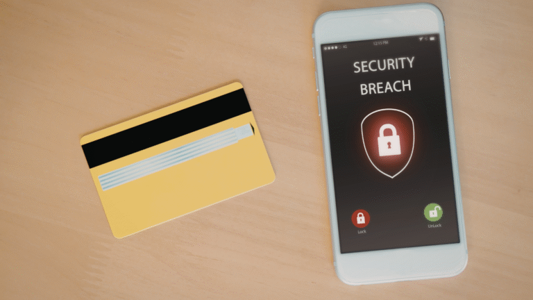 A credit card next to a phone displaying a security breach warning, illustrating the risks of card skimming in Bali.