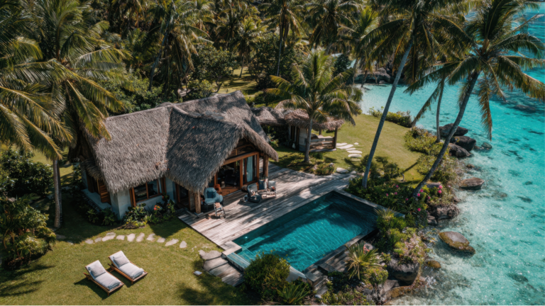 Tropical beachfront property in Bali with thatched villas, private pool, palm trees, and turquoise water.