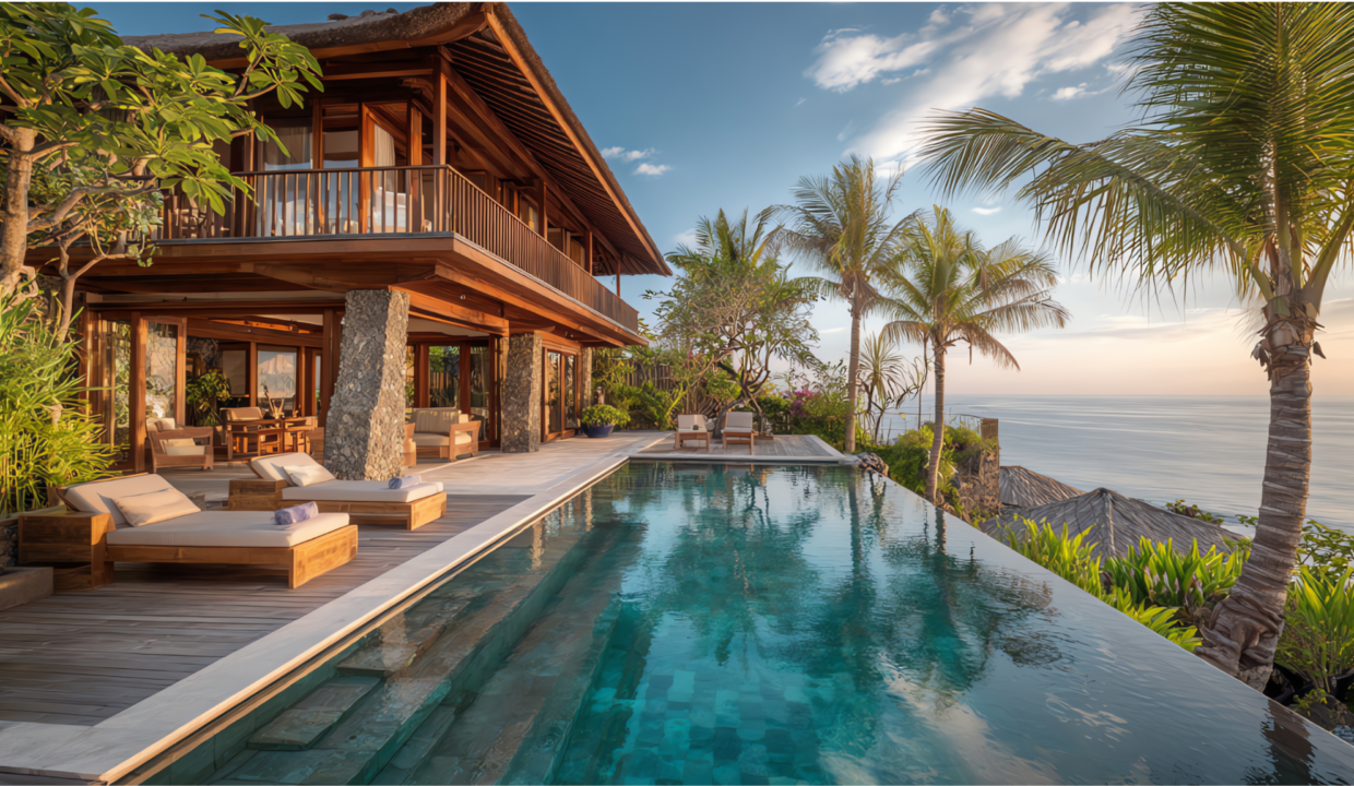 Luxury oceanfront villa with infinity pool and tropical landscaping, showcasing premium Bali property value growth potential.