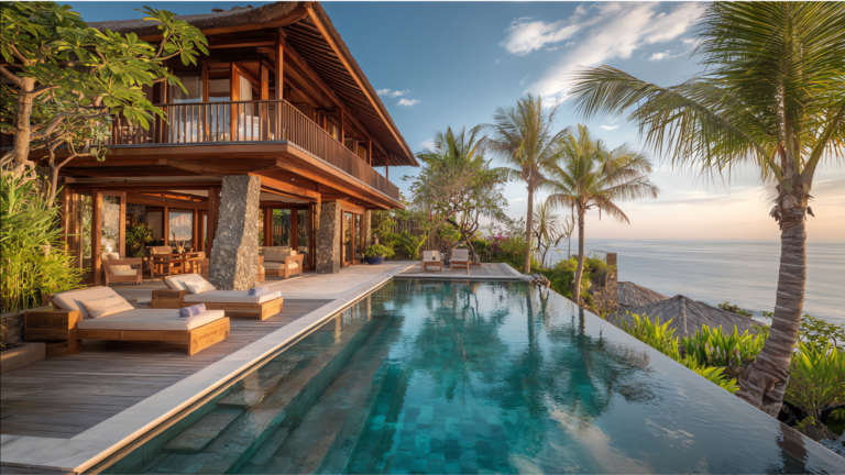 Luxury oceanfront villa with infinity pool and tropical landscaping, showcasing premium Bali property value growth potential.