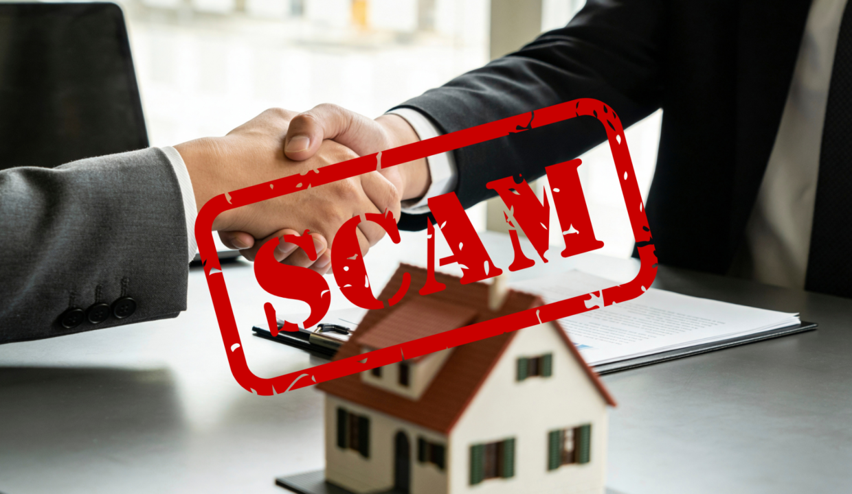 Business handshake over property documents with a scam warning stamp, illustrating a real estate scam in Bali and the risks of property fraud.