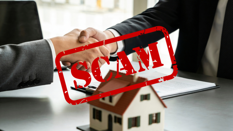 Business handshake over property documents with a scam warning stamp, illustrating a real estate scam in Bali and the risks of property fraud.