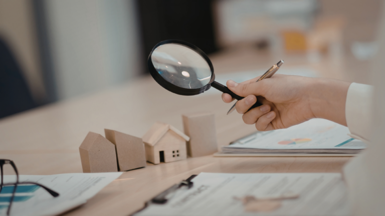 A person using a magnifying glass over a miniature house illustrates the importance of verifying land ownership in Bali.
